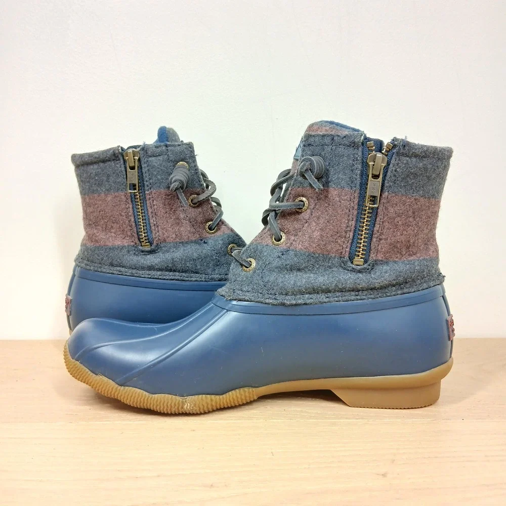 Sperry Saltwater Duck Boots Womens 7 Navy Blue Grey Burgundy Striped Wool Chore